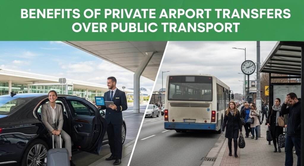 Benefits of private airport transfers over public transport showing chauffeur service vs bus travel