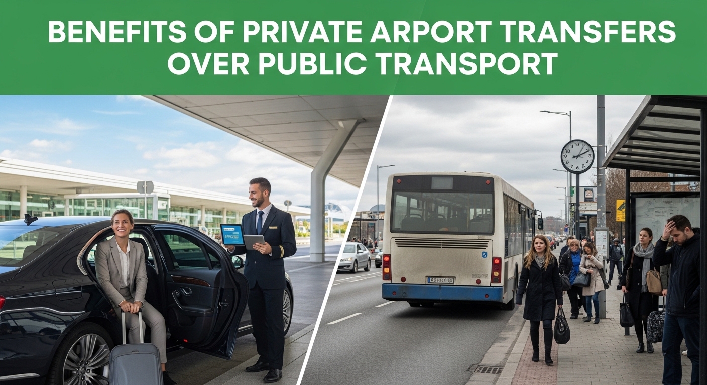 Benefits of private airport transfers over public transport showing chauffeur service vs bus travel