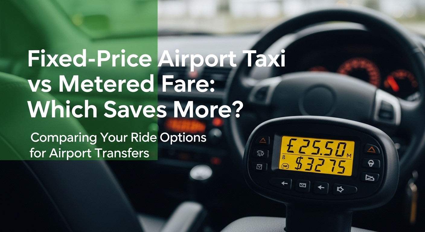 Taxi meter displaying fare comparing fixed price airport taxi vs metered ride