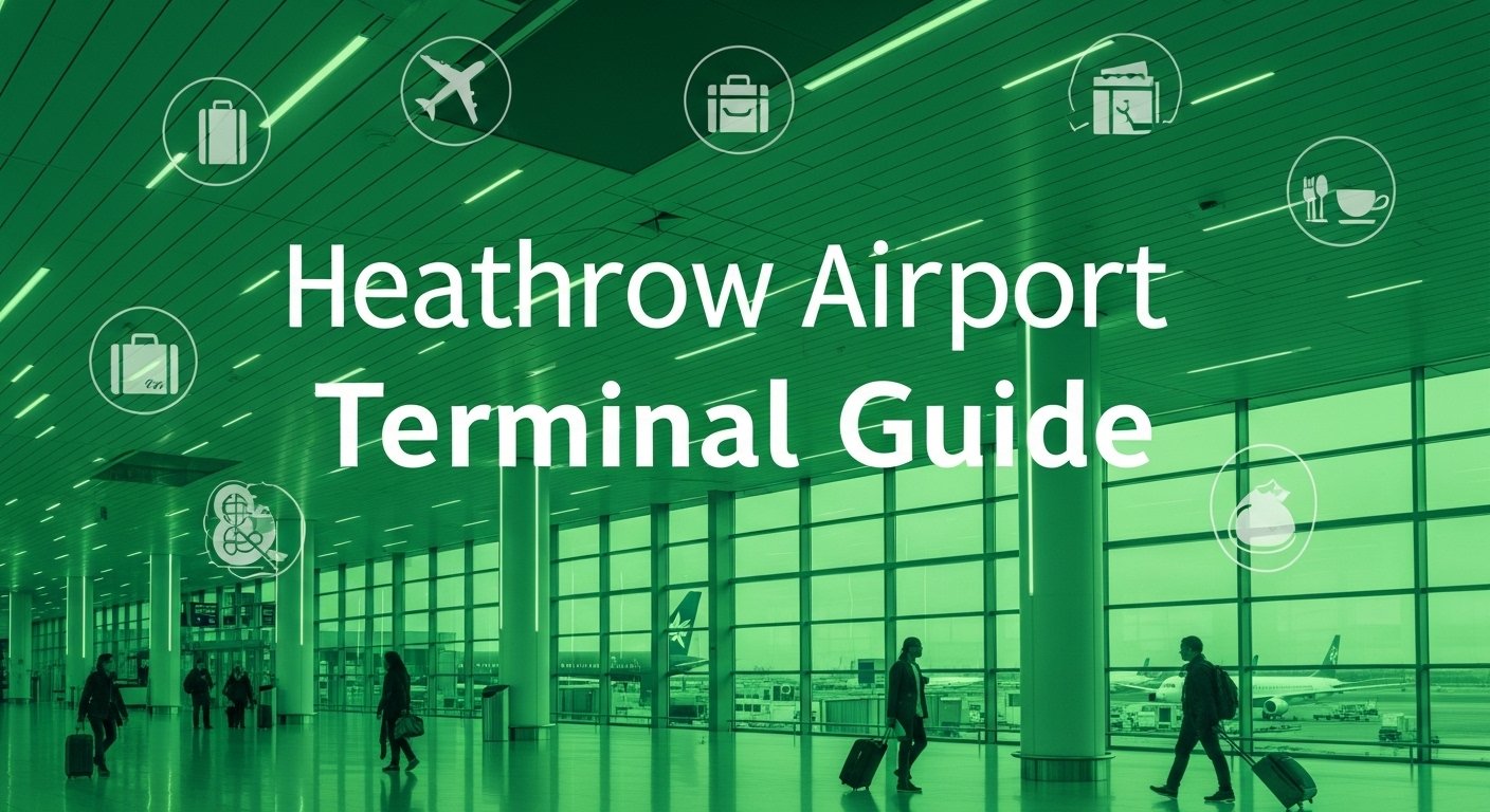 "Heathrow Airport Terminal Guide interior with travellers walking, large glass windows, and terminal icons representing travel services