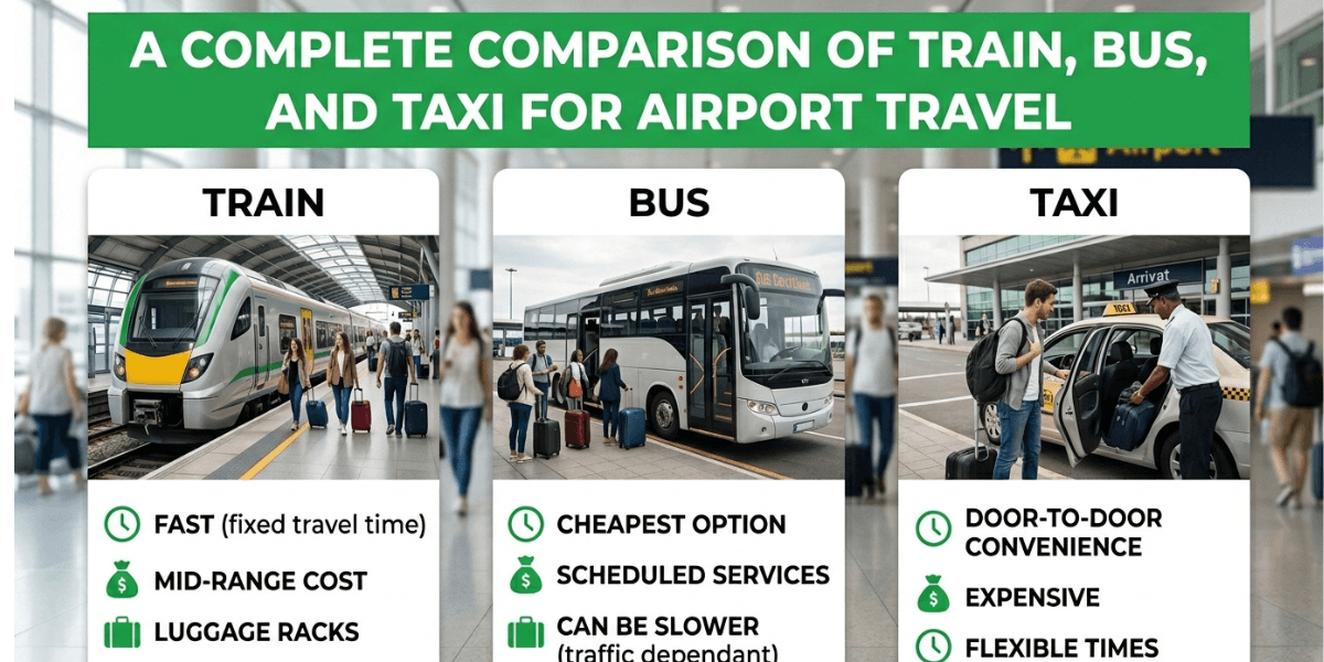 Train, bus, and taxi airport travel comparison